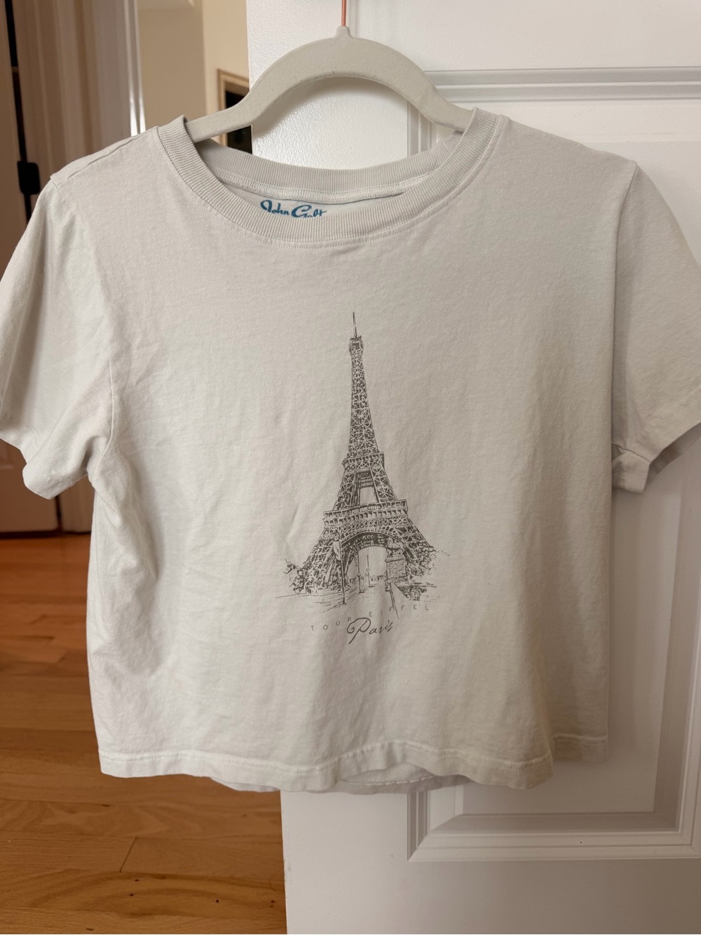 Brandy Melville Cream Logo Tee with Blue Tag Print